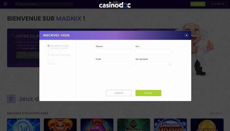 inscription madnix casino