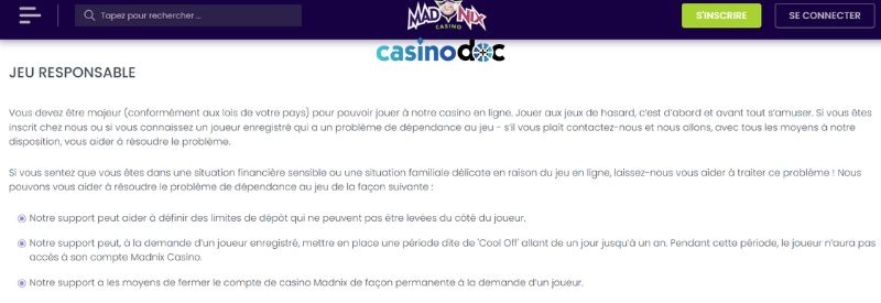 jeu responsable madnix casino