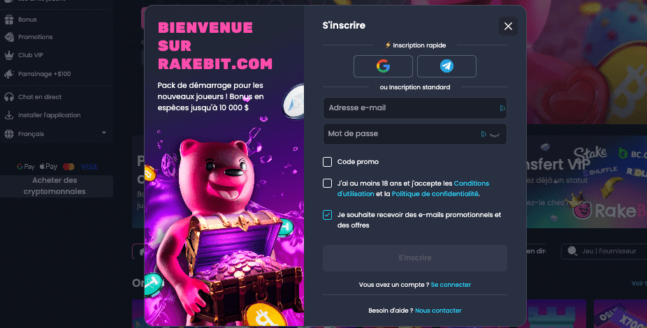 Création de compte sur Rakebit