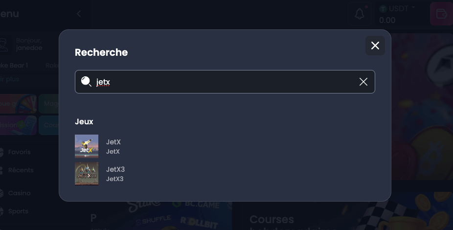 Recherche jetx sur le casino Rakebit