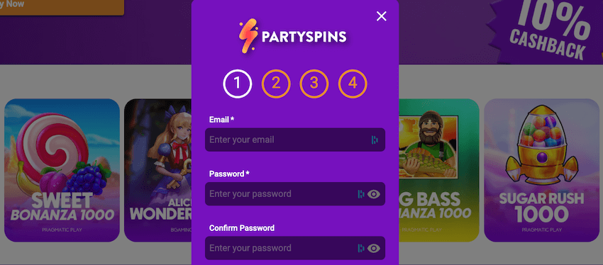 Créer un compte joueur sur Partyspins