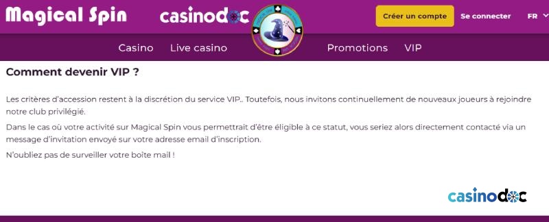 Le Club VIP sur Magical Spin Casino