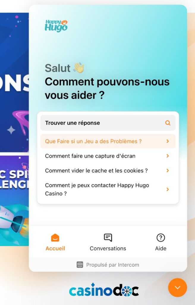 Chat avec le support Happy Hugo Casino