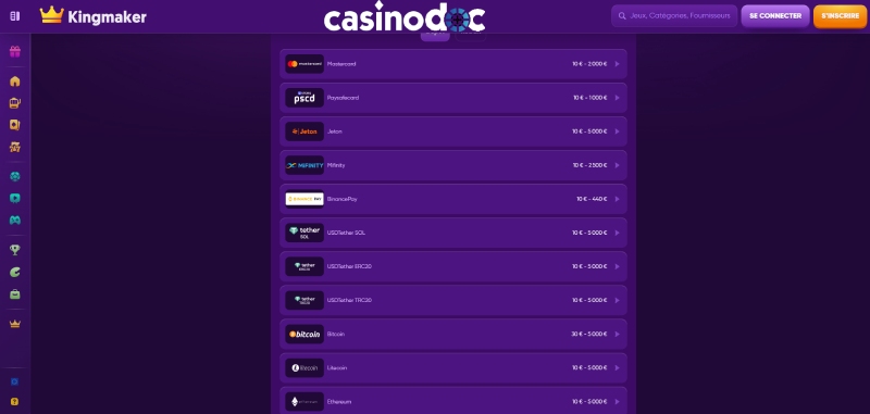 Méthodes de paiement Kingmaker