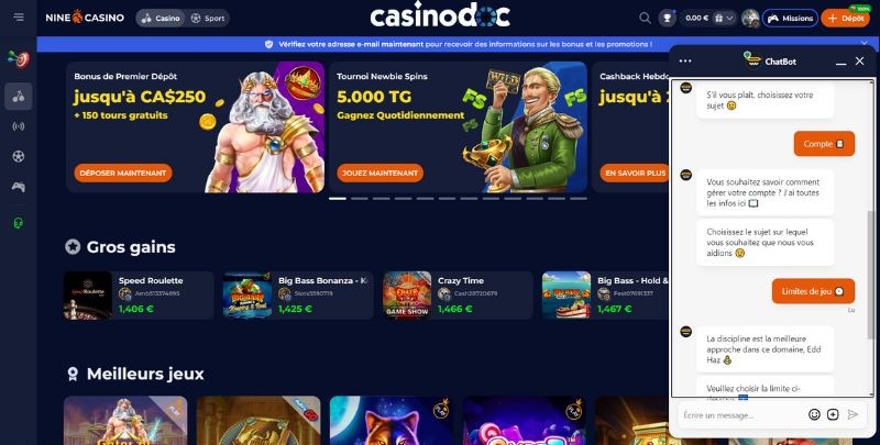 service client de nine casino