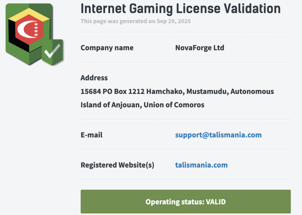 licence talismania casino
