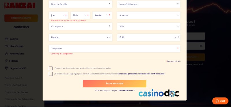 Confirmez que vous êtes majeur sur Banzai Casino