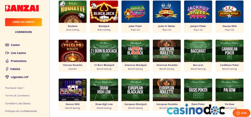Les jeux de table sur Banzai Casino