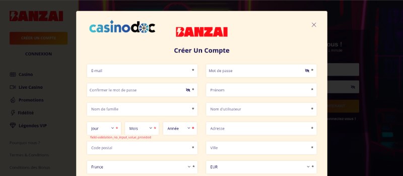 Remplissez le formulaire sur Banzai Casino
