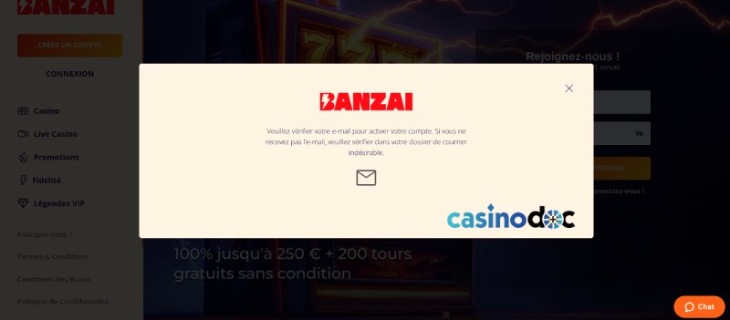 Vérifiez votre adresse email sur Banzai Casino
