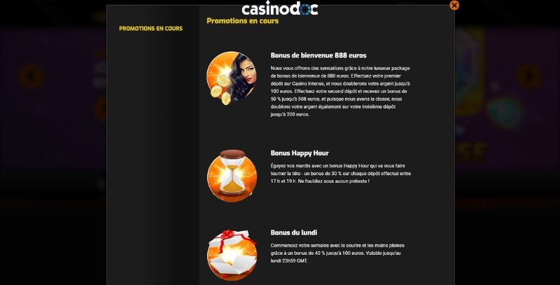 bonus de bienvenue casino intense