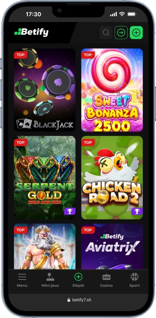Interface de Betify sur iPhone mobile