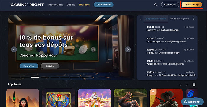 inscription sur casino night