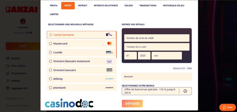 le processus de dépôt sur Banzai Casino