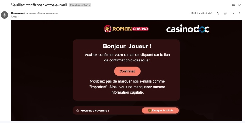 Confirmer mail Roman Casino