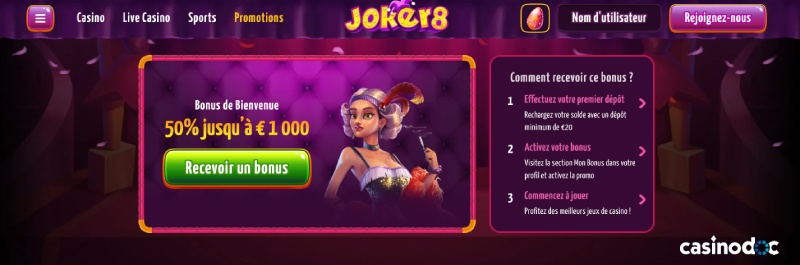Le bonus de bienvenue sur Joker8 Casino