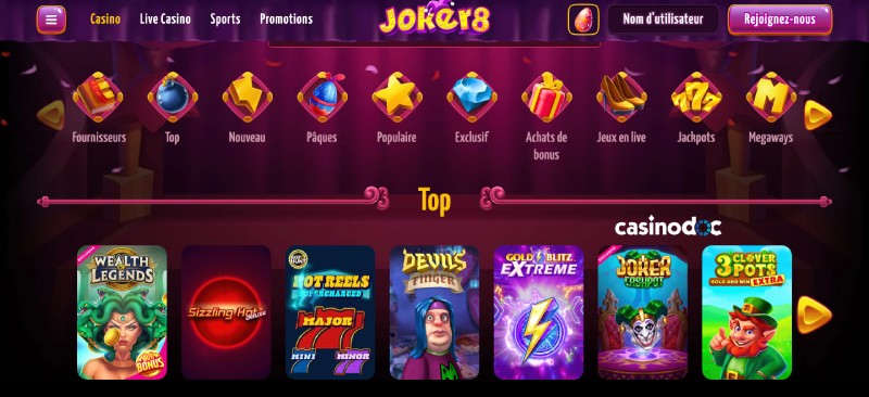 Les jeux disponibles sur Joker8