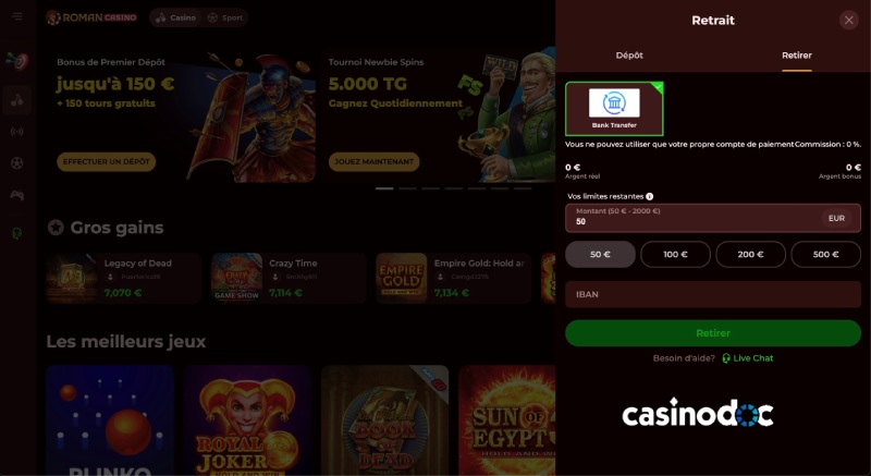 formulaire de retrait Roman Casino