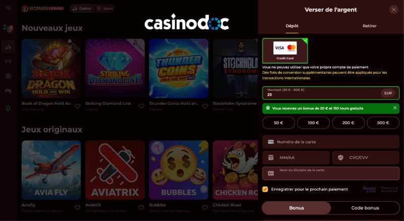Saisie des informations dépôt Roman Casino
