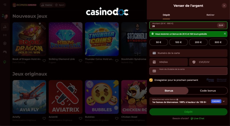 Validation du dépôt Roman Casino
