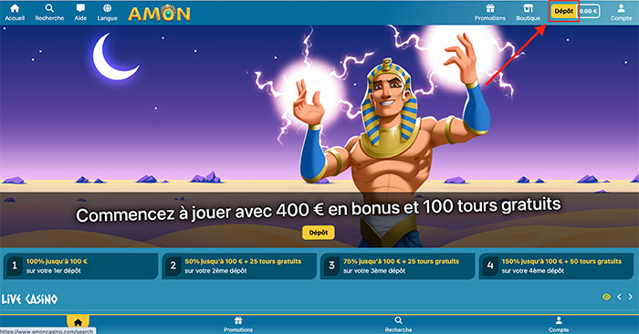 cliquez sur dépôt pour découvrir les méthodes de paiement de Amon Casino