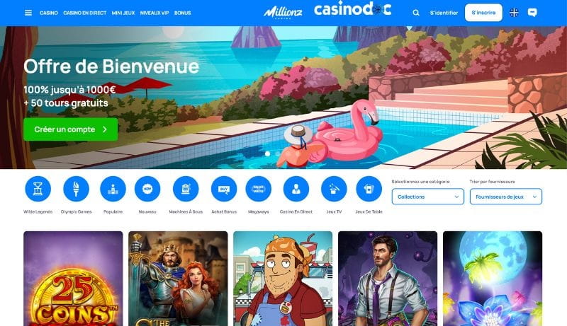 Millionz propose un bonus sans wager de 100% jusqu'à 1 000 €