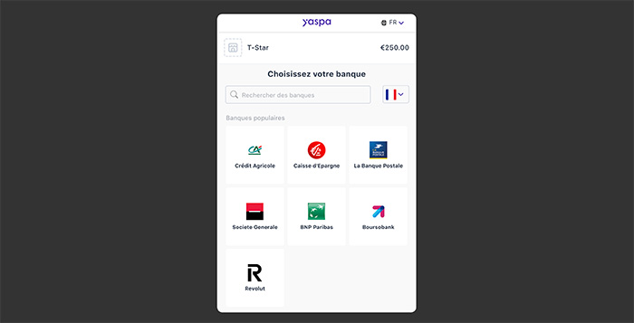 Sélectionnez votre banque pour finaliser le virement instantané