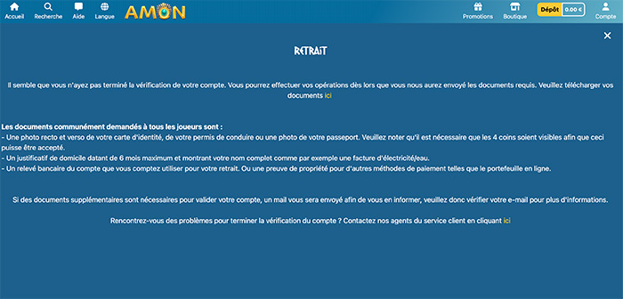 valider son compte sur Amon Casino avant de faire un retrait