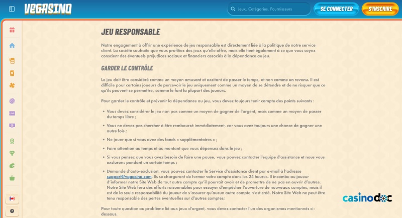 Jeux responsable Vegasino
