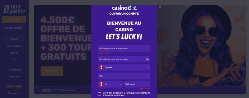 Formulaire inscription Let's Lucky