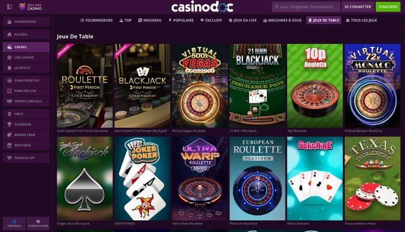 jeux de table malina casino