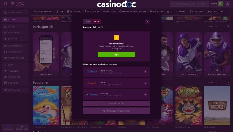 retrait malina casino