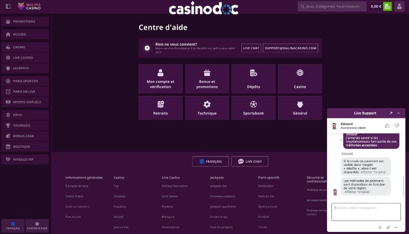 service client malina casino