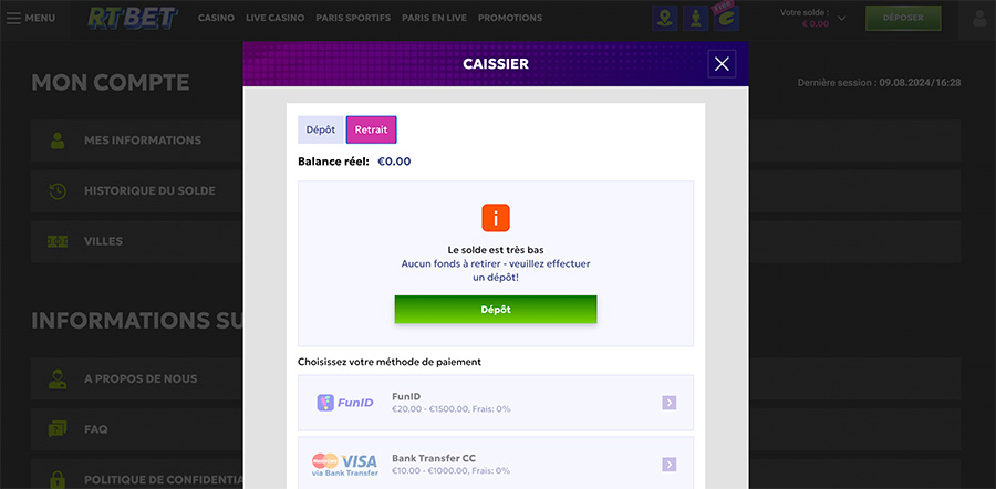 retrait sur RTBet