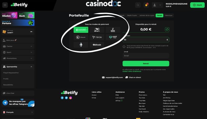 choix de la méthode de paiement sur Betify