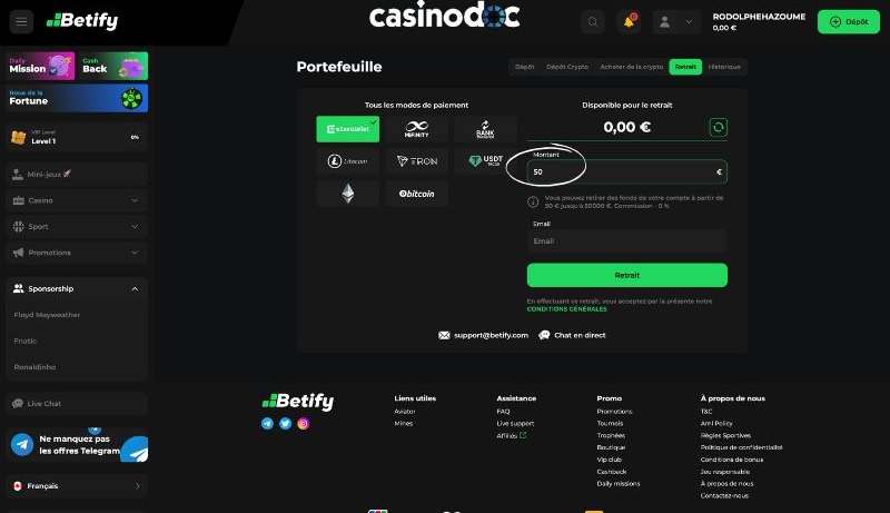 montant du retrait sur Betify