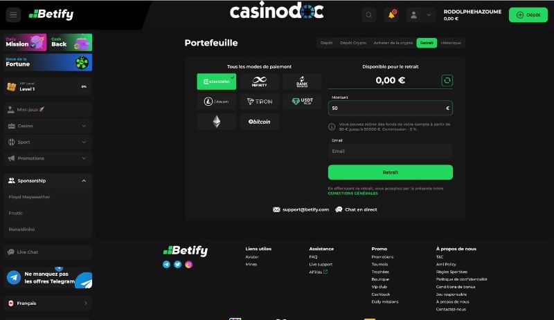 page retrait sur Betify