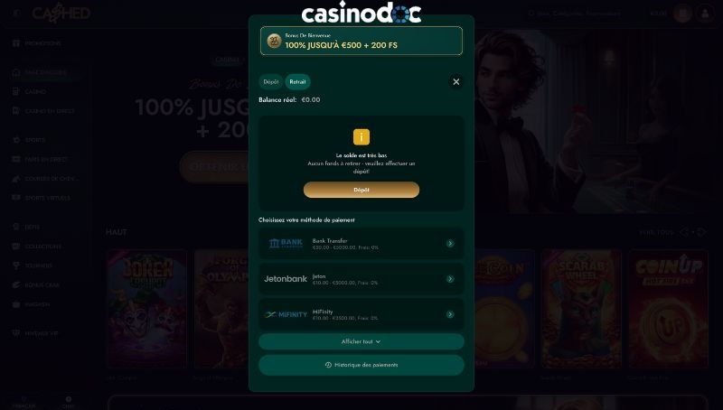retrait sur cashed casino