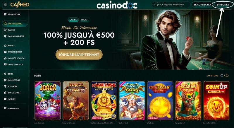 s'inscrire sur cashed casino
