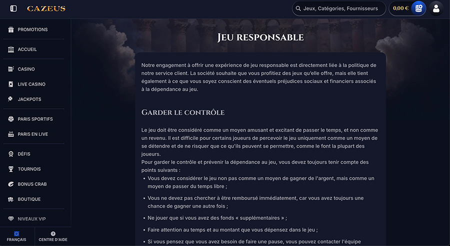 politique de jeu responsable cazeus