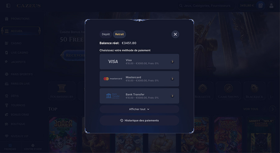 processus de retrait cazeus casino