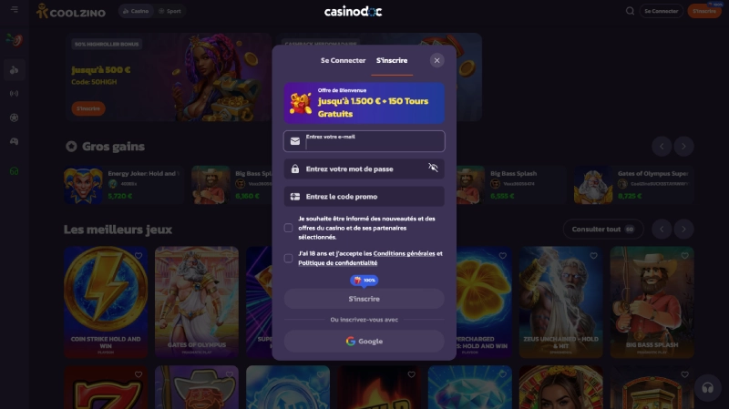 Inscription sur Coolzino Casino étape 2