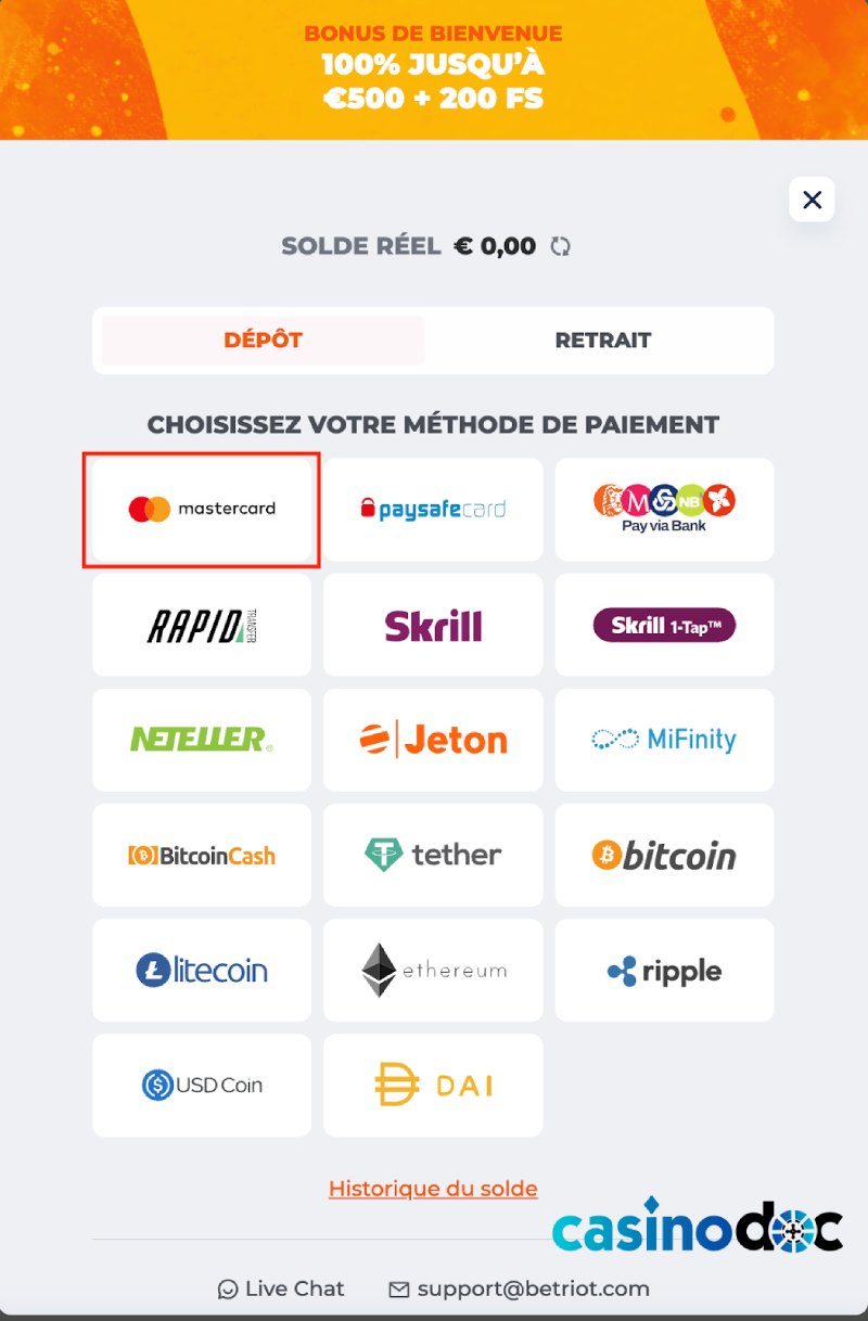 Méthodes de paiement disponibles sur BetRiot Casino