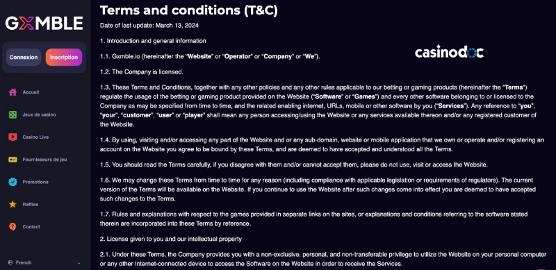 Termes et Conditions Gxmble Casino