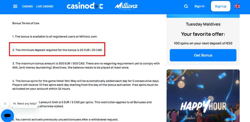 dépôt minimum bonus de bienvenue