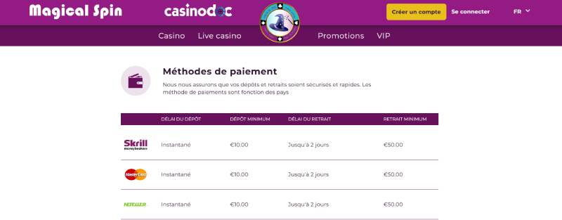 section des paiements Magical Spin