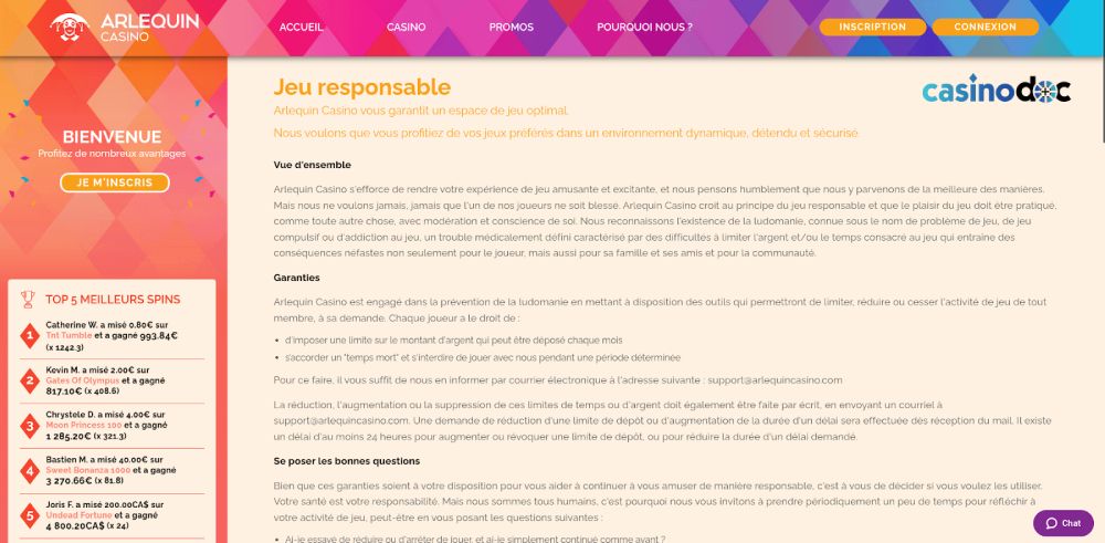 Jeu Responsable Arlequin Casino