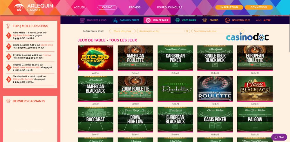 Les jeux de table sur Arlequin Casino
