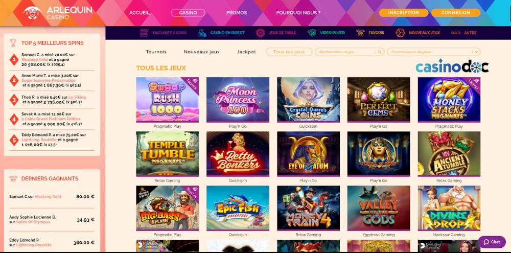 Les jeux disponibles sur Arlequin Casino