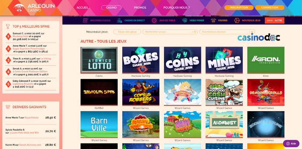 Les mini jeux sur Arlequin Casino